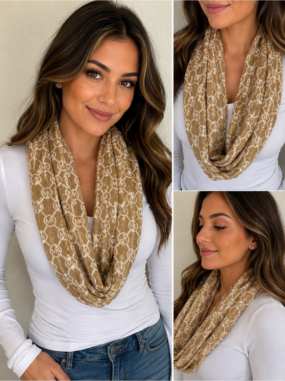 Michael Kors MK Logo Metallic Infinity Scarf Tan Gold Knit